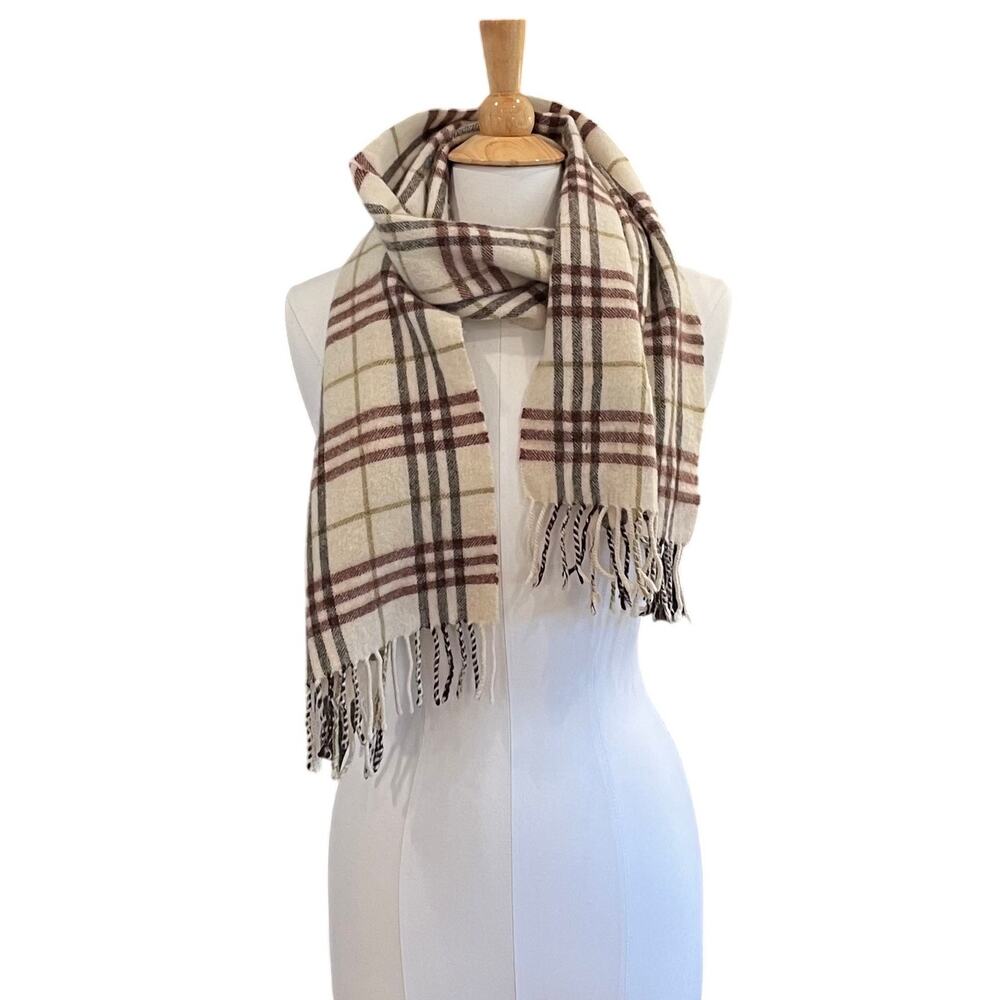 Suantrai of Ireland Wool Cashmere Ivory Plaid Nova Check Scarf, Fringe, Unisex